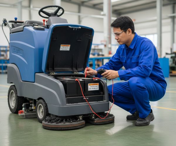 Kiểm tra bình ắc quy khi máy chà sàn không hoạt động 